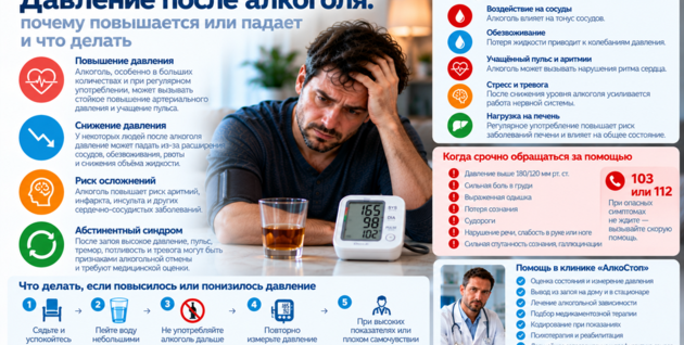 Давление после алкоголя: почему повышается или падает и что делать